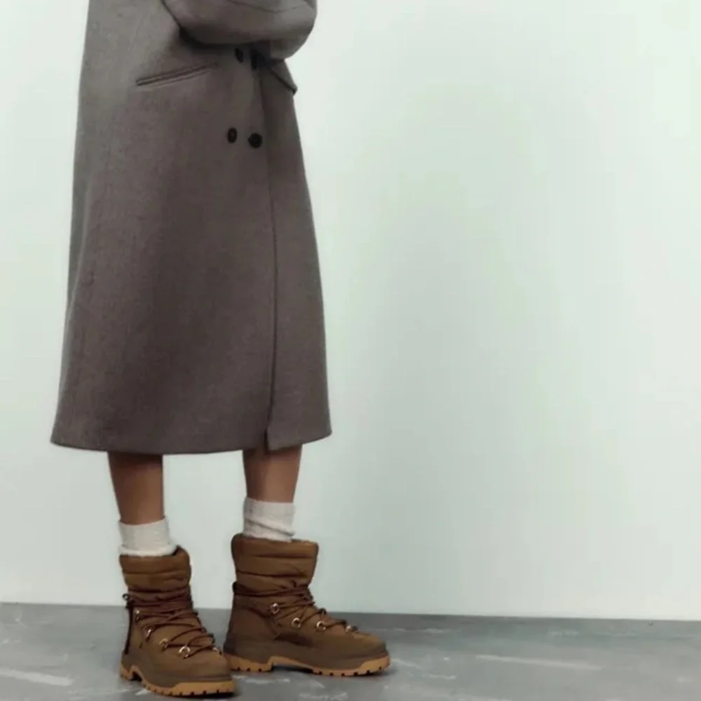 ZARA Viral Puffer Ankle Boots Brown Suede Nylon Winter Lace Up Chunky Sole NWT 9